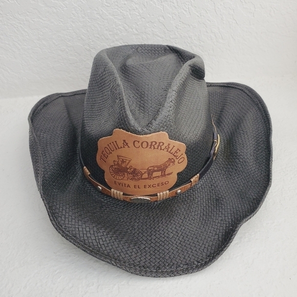 Rocha Hats Unitalla Western Cowboy Black Straw Hat Leather Tequila Patch - Picture 14 of 15